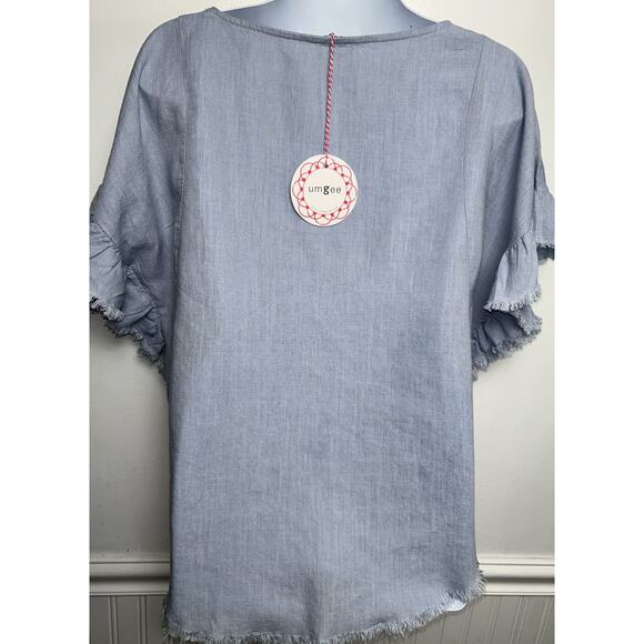 Umgee Linen Blend Top Womens S Blue Cap Sleeve Raw Frayed Hem Boho Round Neck - Picture 3 of 7